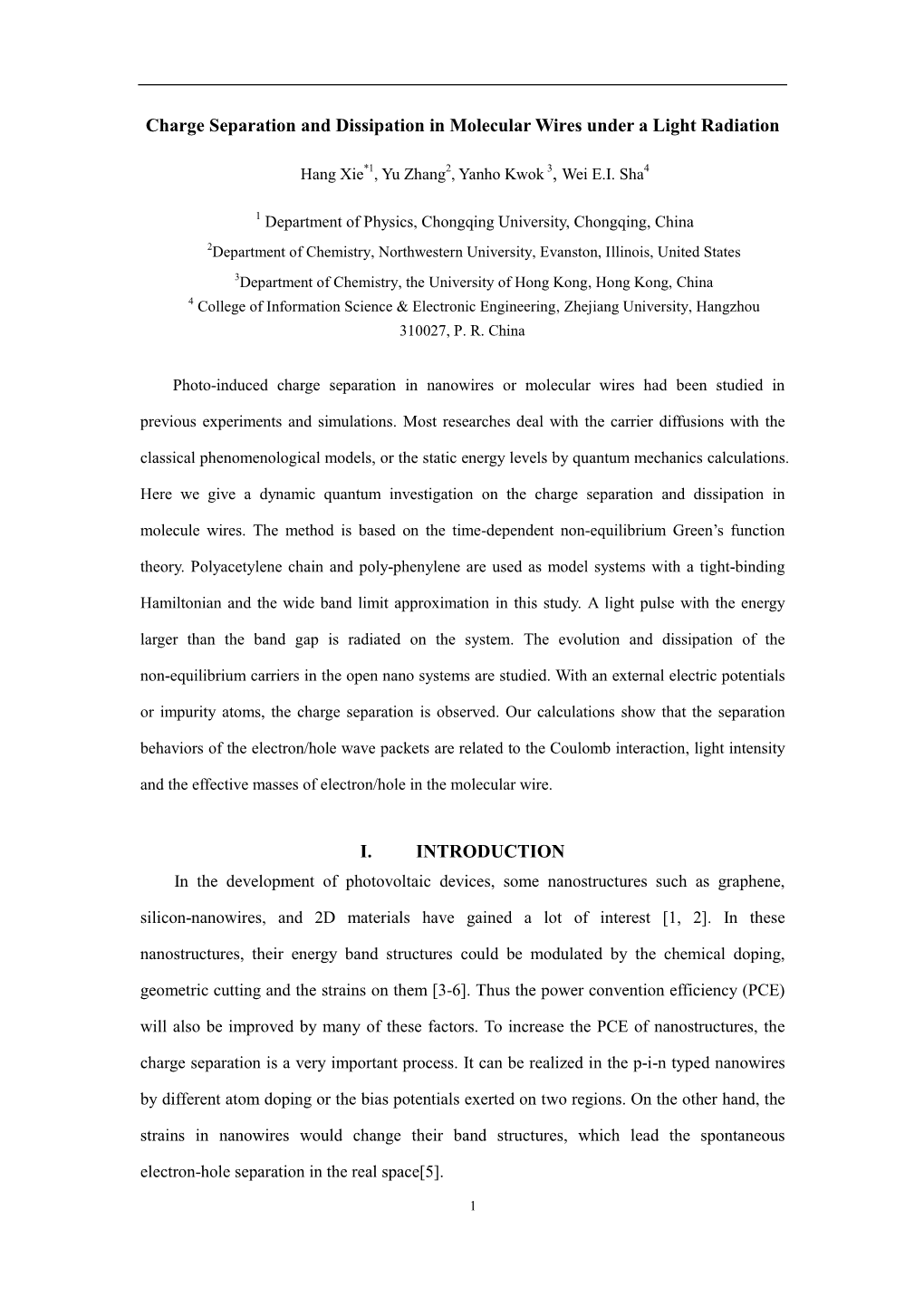 Charge Separation and Dissipation in Molecular Wires Under a Light Radiation