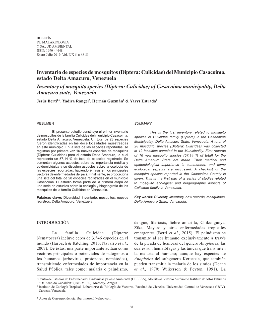 Inventario De Especies De Mosquitos (Diptera: Culicidae)