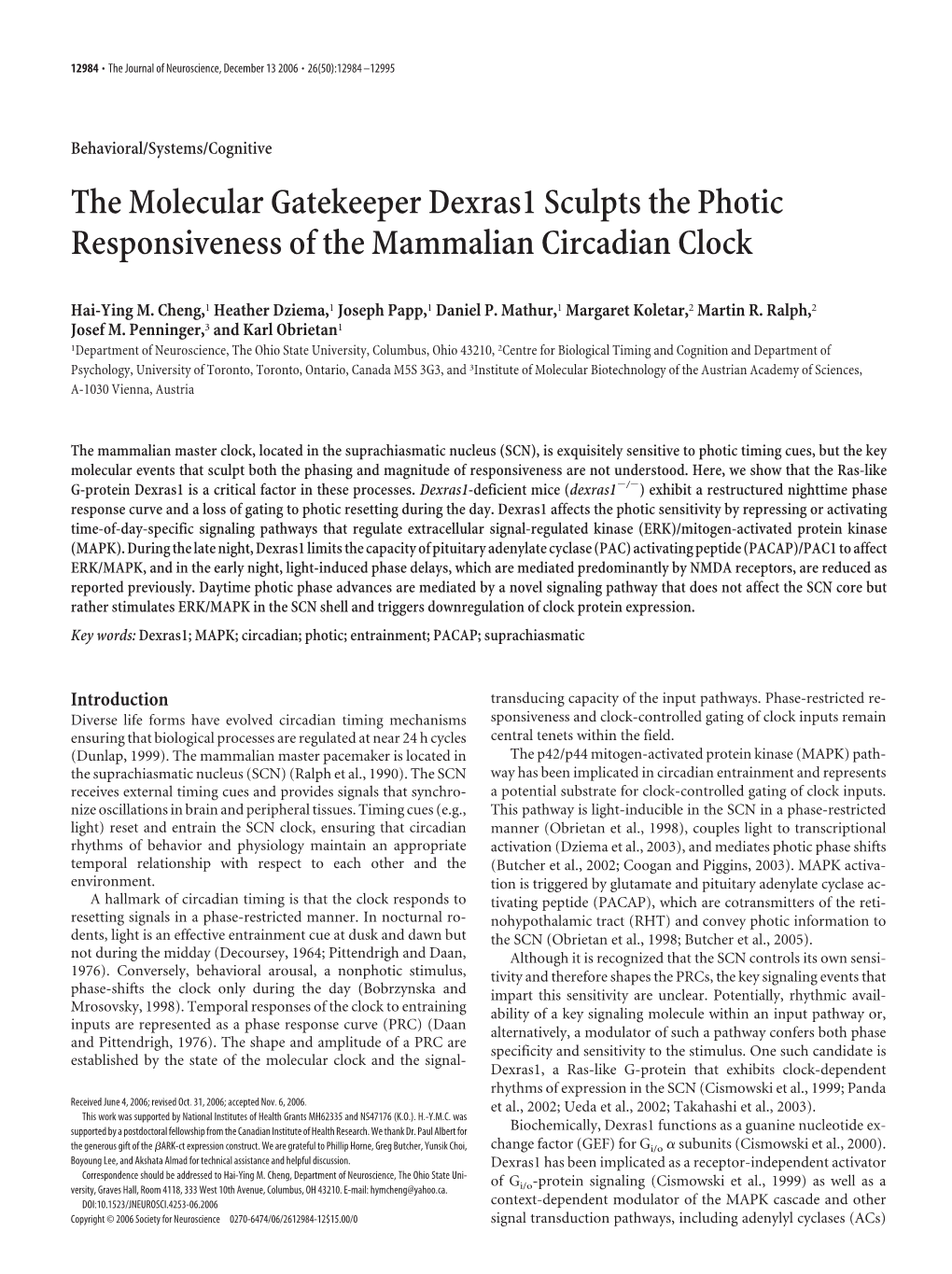 The Molecular Gatekeeper Dexras1 Sculpts the Photic Responsiveness of the Mammalian Circadian Clock