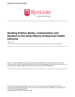 Reading Publics: Books, Communities and Readers in the Early History of American Public Libraries