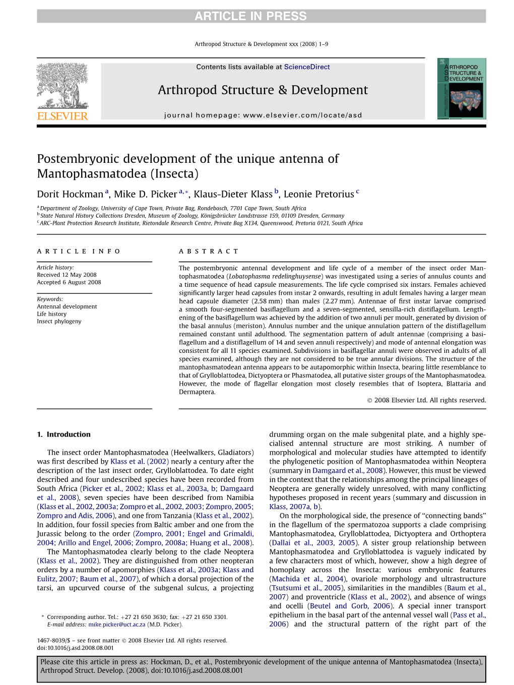 Postembryonic Development of the Unique Antenna of Mantophasmatodea (Insecta)