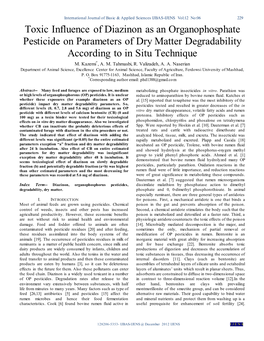 Toxic Influence of Diazinon As an Organophosphate Pesticide on Parameters of Dry Matter Degradability According to in Situ Technique M