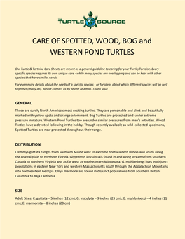 CARE of SPOTTED, WOOD, BOG and WESTERN POND TURTLES