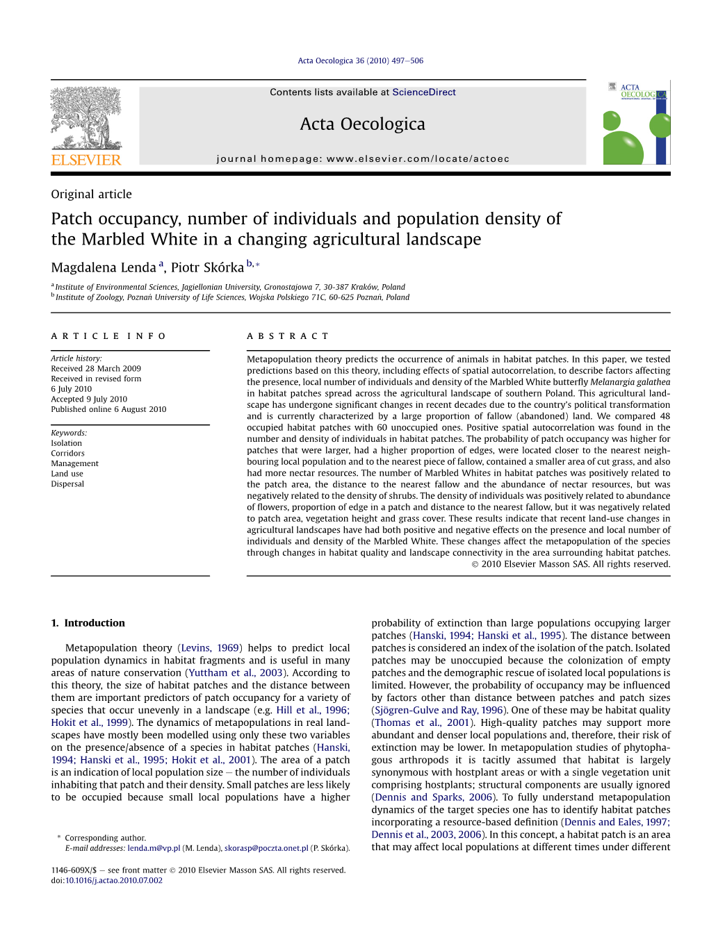 Patch Occupancy, Number of Individuals and Population Density of the Marbled White in a Changing Agricultural Landscape