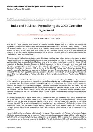 India and Pakistan: Formalizing the 2003 Ceasefire Agreement Written by Saeed Ahmed Rid