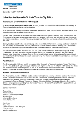 John Semley Named A.V. Club Toronto City Editor
