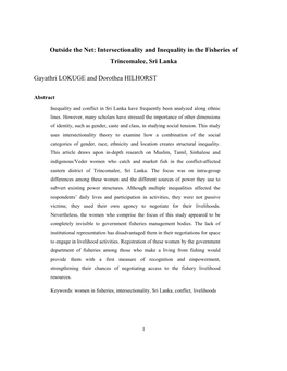Outside the Net: Intersectionality and Inequality in the Fisheries of Trincomalee, Sri Lanka Gayathri LOKUGE and Dorothea HILHOR