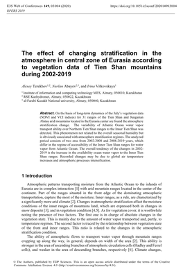 The Effect of Changing Stratification in the Atmosphere in Central Zone of Eurasia According to Vegetation Data of Tien Shan Mountains During 2002-2019