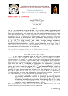 Indraprastha in Literature Dr.Sangeeta Mittal Associate Professor of English Maharaja Agrasen College (University of Delhi) New Delhi, India