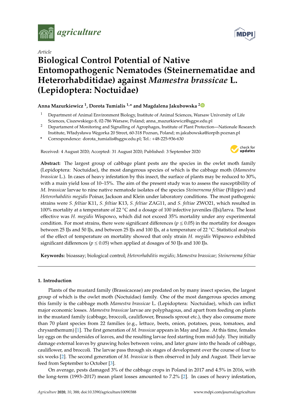 Biological Control Potential of Native Entomopathogenic Nematodes (Steinernematidae and Heterorhabditidae) Against Mamestra Brassicae L