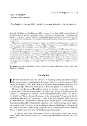 Azerbaijan – Kazakhstan Relations: Current Situation and Prospects1