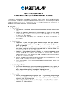 Ncaa Women's Basketball Games Management/Officiating Policies
