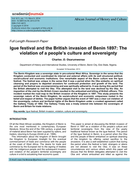 Igue Festival and the British Invasion of Benin 1897: the Violation of a People’S Culture and Sovereignty