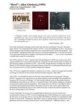 “Howl”--Allen Ginsberg (1959) Added to the National Registry: 2006 Essay by Cary O’Dell