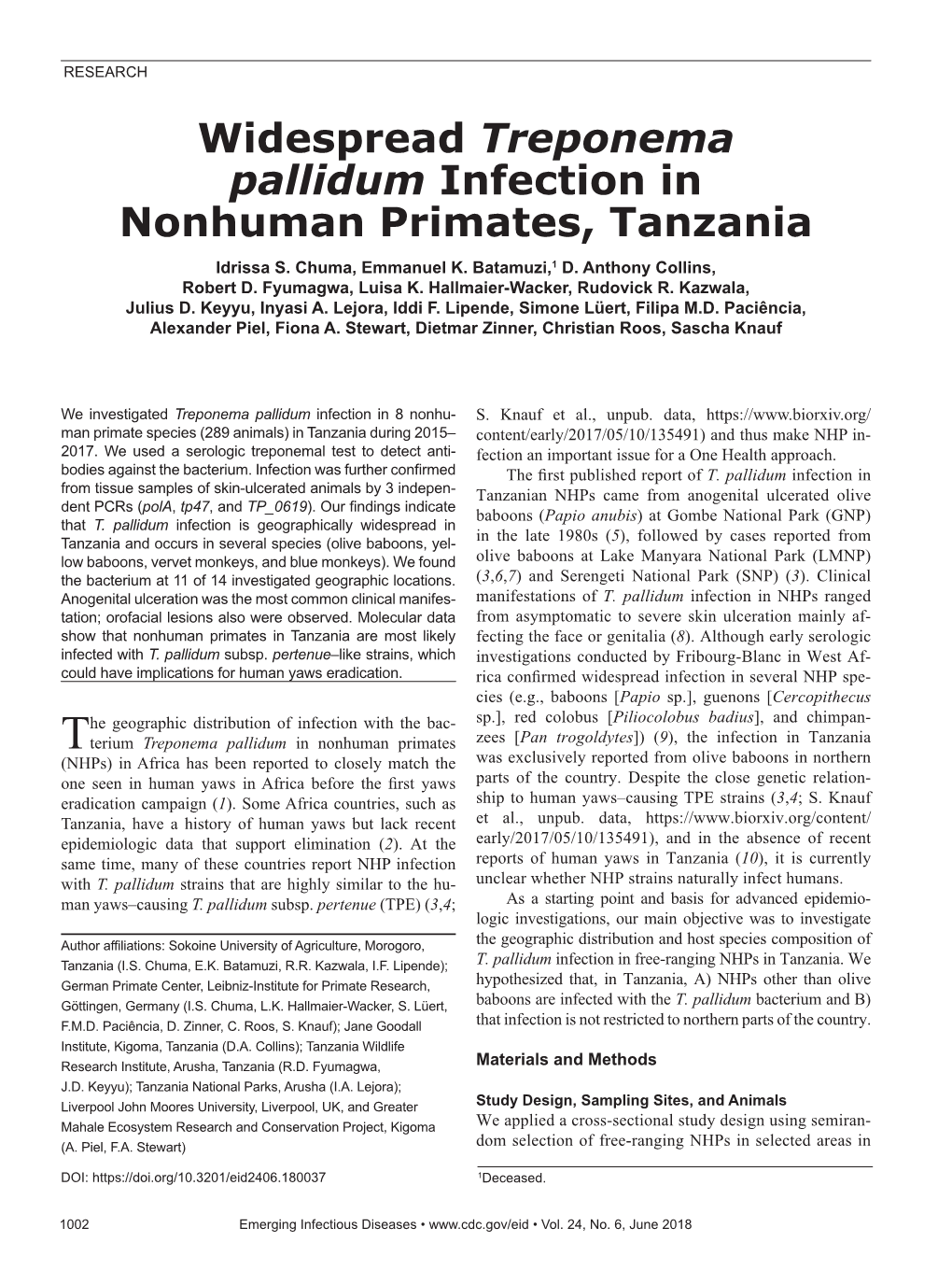 Widespread Treponema Pallidum Infection in Nonhuman Primates, Tanzania Idrissa S