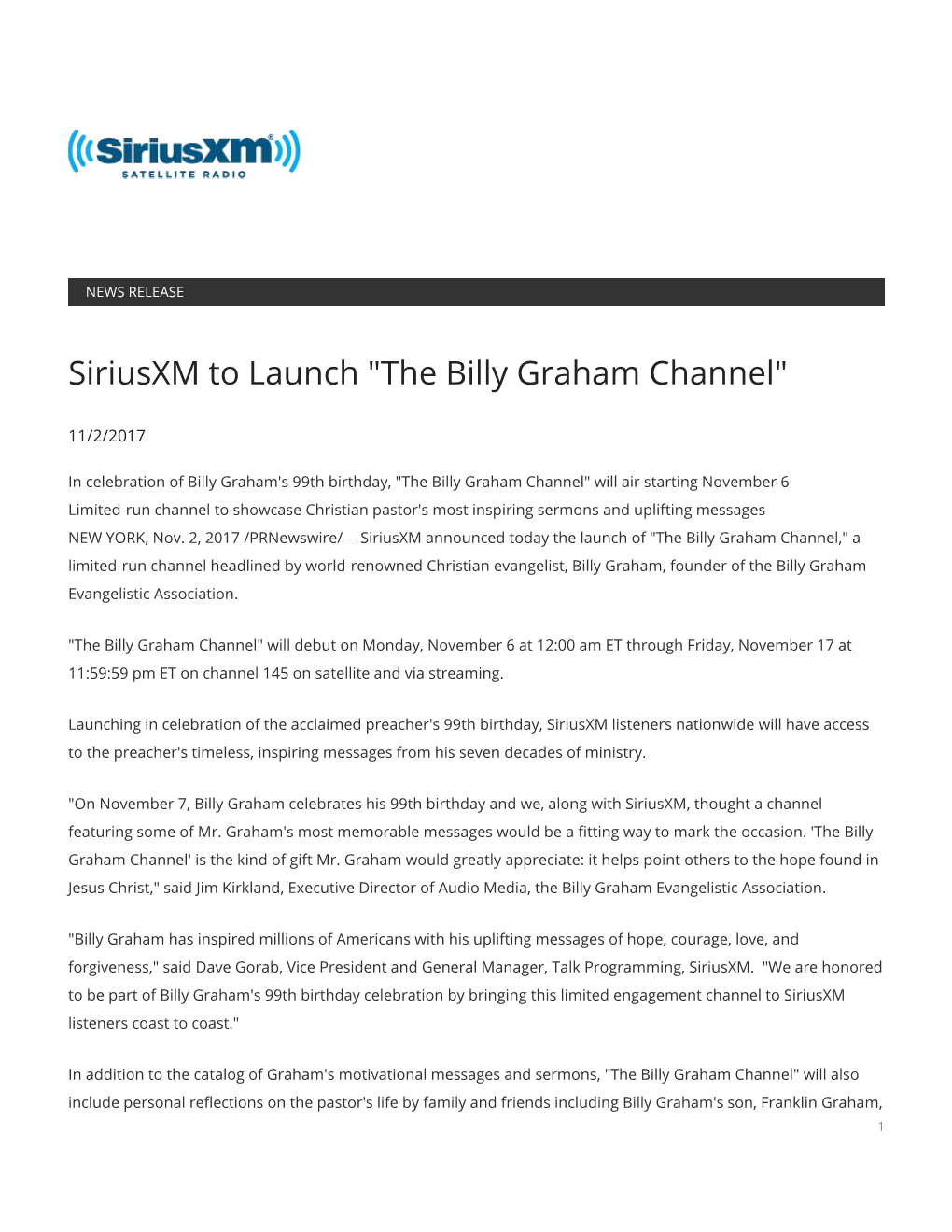 Siriusxm to Launch "The Billy Graham Channel"