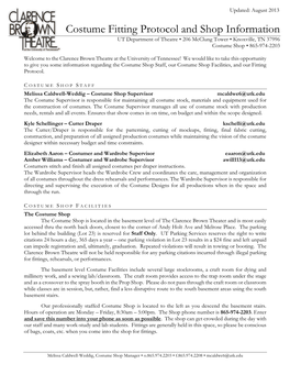 Costume Fitting Protocol and Shop Information UT Department of Theatre • 206 Mcclung Tower • Knoxville, TN 37996 Costume Shop • 865-974-2203
