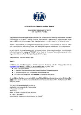 Fia Homologation and Supply of "R4-Kits" Call For