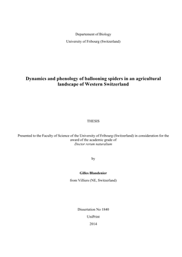 Dynamics and Phenology of Ballooning Spiders in an Agricultural Landscape of Western Switzerland