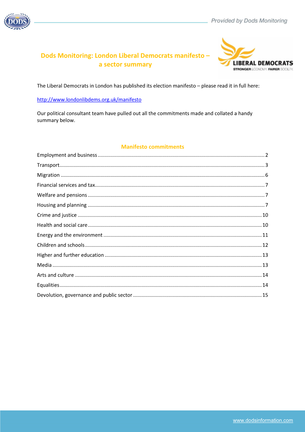 London Liberal Democrats Manifesto – a Sector Summary