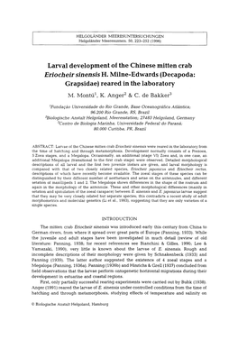 Larval Development of the Chinese Mitten Crab Eriocheir Sinensis H