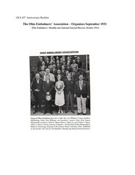 The Ohio Embalmers' Association – Organizes September 1931