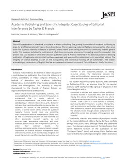 Academic Publishing and Scientific Integrity: Case Studies of Editorial Interference by Taylor & Francis