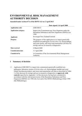 ENVIRONMENTAL RISK MANAGEMENT AUTHORITY DECISION Amended Under Section 67A of the HSNO Act on 2 April 2013