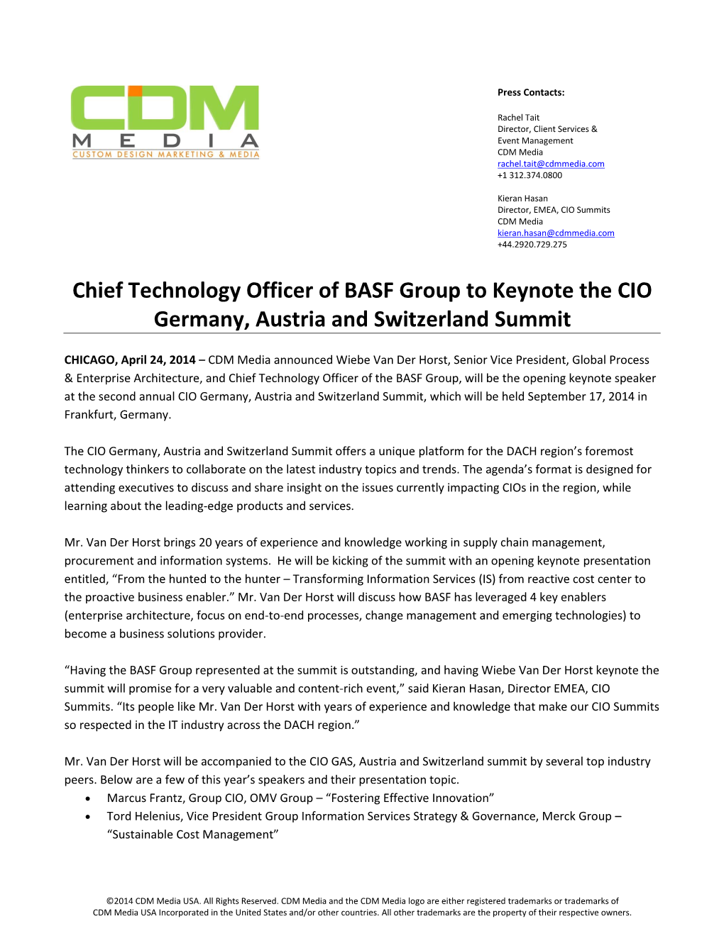 Chief Technology Officer of BASF Group to Keynote the CIO Germany, Austria and Switzerland Summit