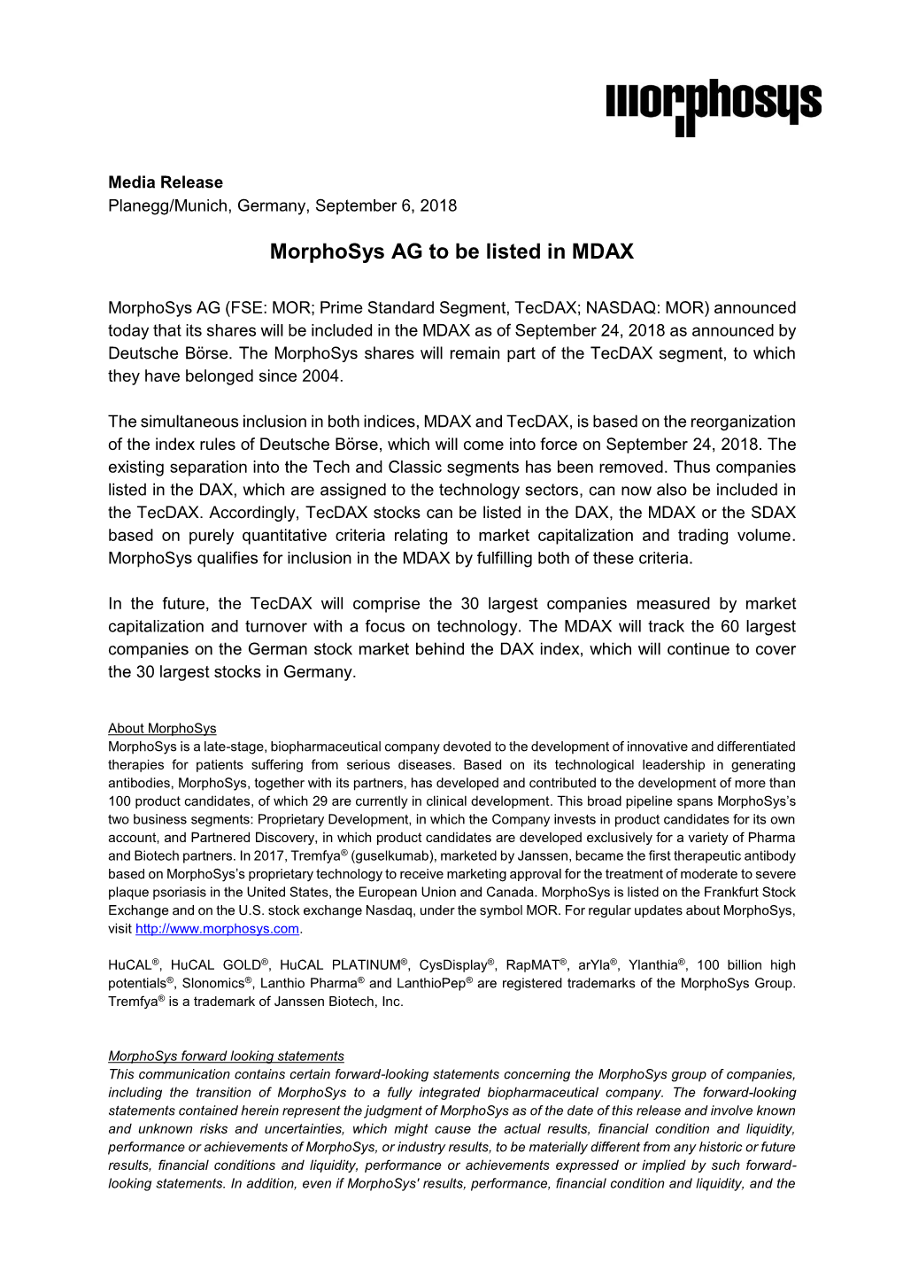 Morphosys AG to Be Listed in MDAX