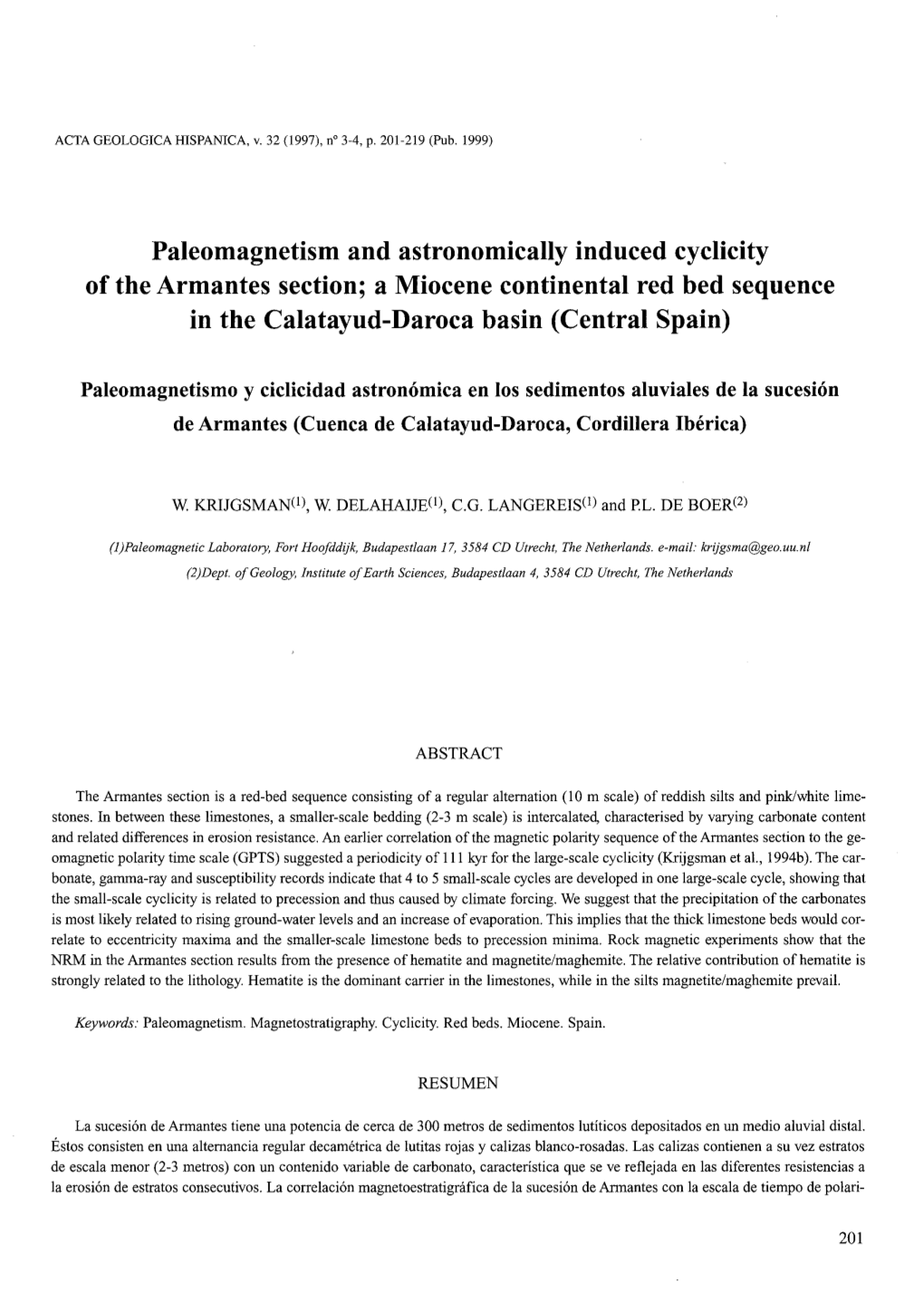 Paleomagnetism and Astronomically Induced Cyclicity of the Armantes Section; a Miocene Continental Red Bed Sequence in the Calatayud-Daroca Basin (Central Spain)