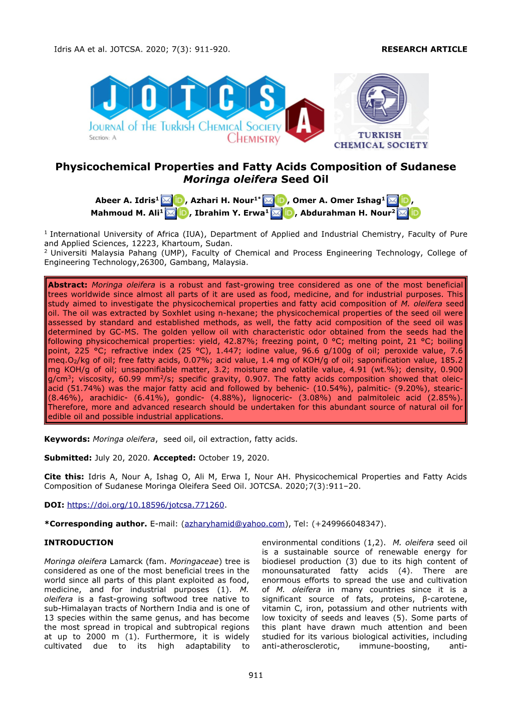 Physicochemical Properties and Fatty Acids Composition of Sudanese Moringa Oleifera Seed Oil