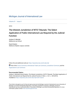 The Inherent Jurisdiction of WTO Tribunals: the Select Application of Public International Law Required by the Judicial Function