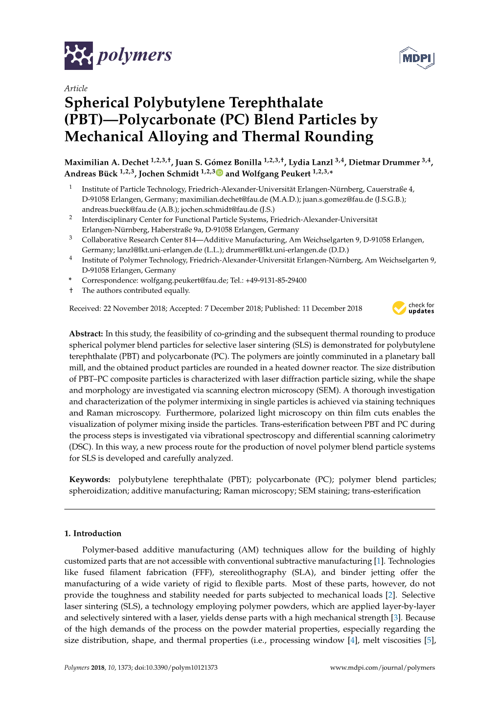 Spherical Polybutylene Terephthalate (PBT)—Polycarbonate (PC) Blend Particles by Mechanical Alloying and Thermal Rounding