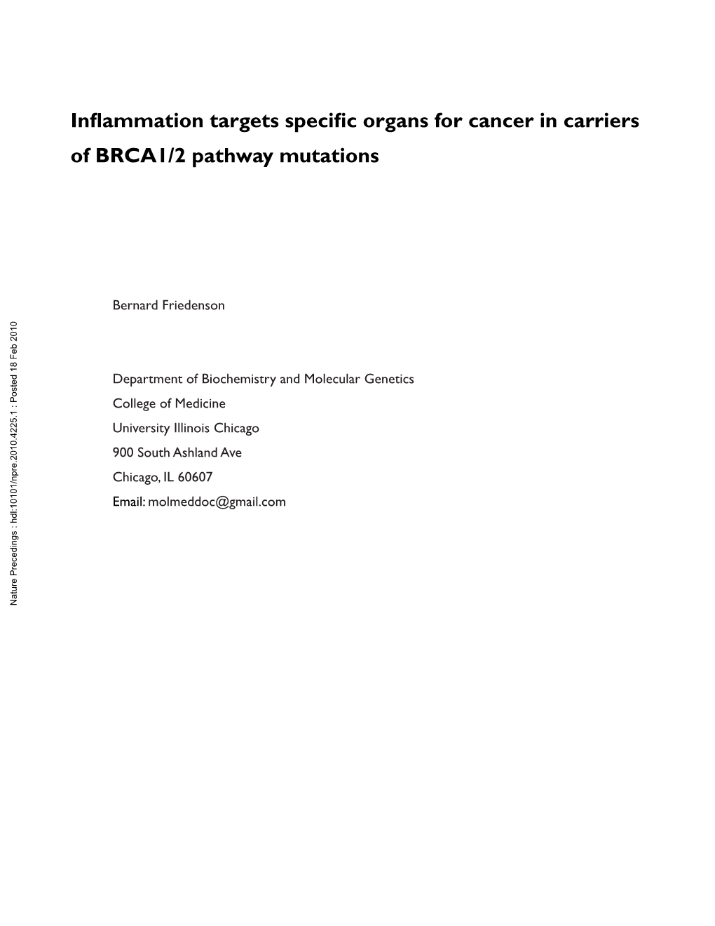 Inflammation Targets Specific Organs for Cancer in Carriers of BRCA1/2 Pathway Mutations