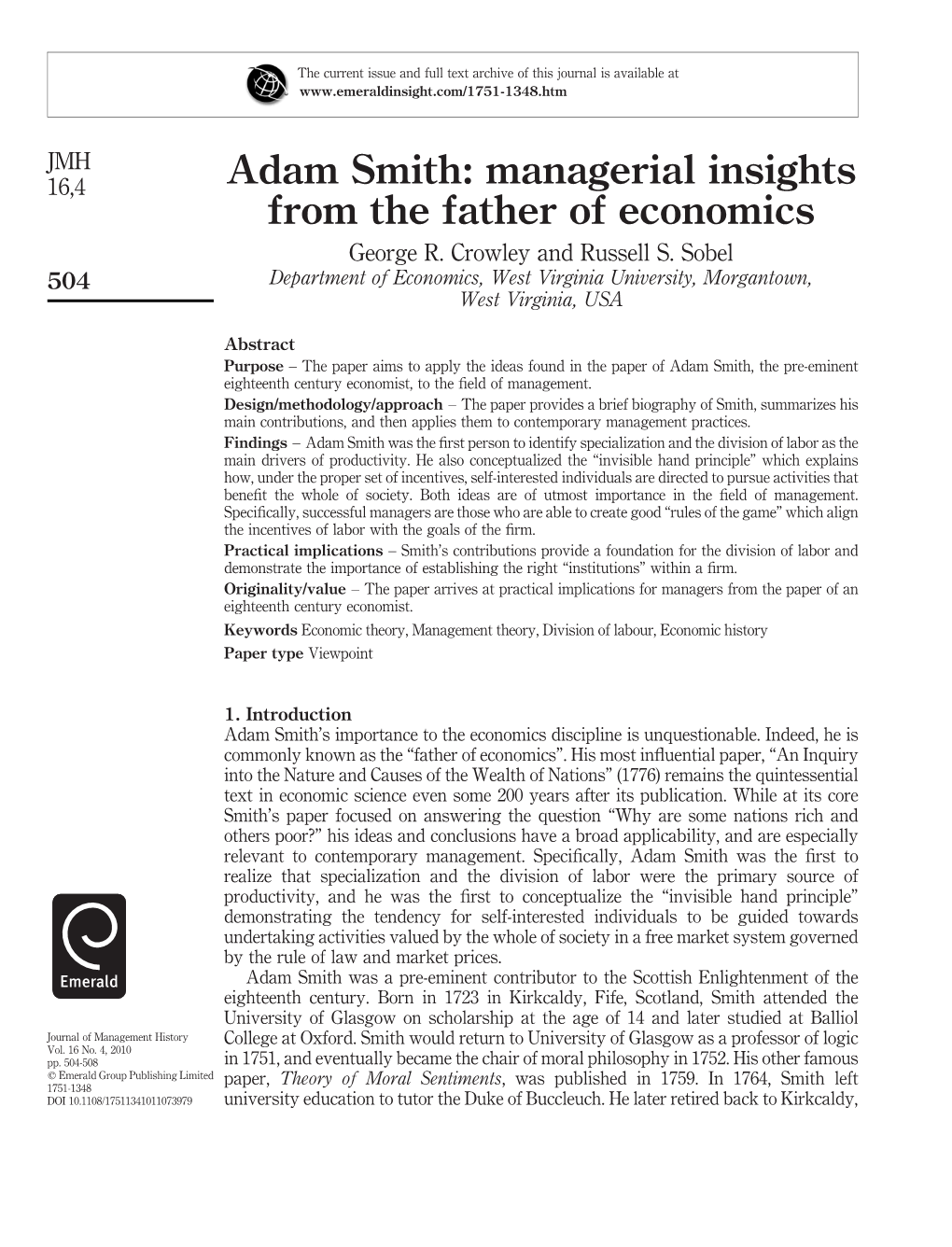 Adam Smith: Managerial Insights from the Father of Economics George R