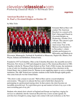 Reprints American Boychoir to Sing at St. Paul's, Cleveland Heights On