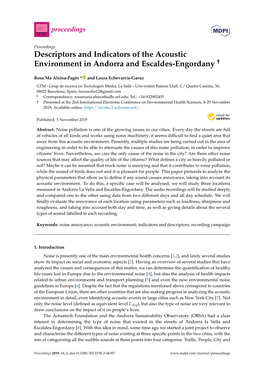 Descriptors and Indicators of the Acoustic Environment in Andorra and Escaldes-Engordany †