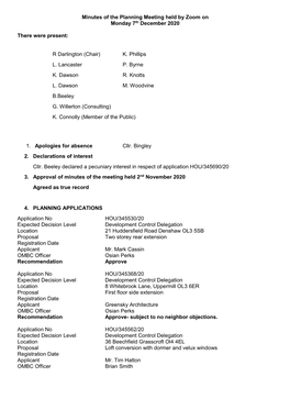 Minutes of the Planning Meeting Held by Zoom on Monday 7Th December 2020