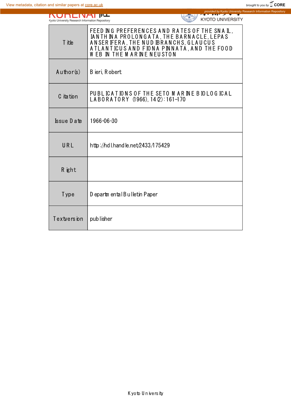 Title FEEDING PREFERENCES and RATES of the SNAIL, IANTHINA