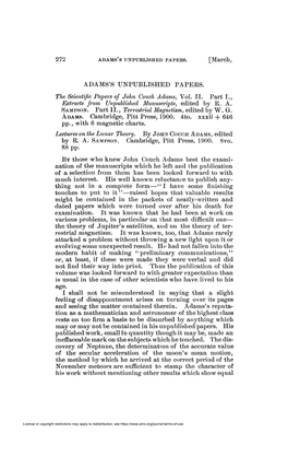 ADAMS's UNPUBLISHED PAPERS. the Scientific Papers of John Couch Adams, Vol. II. Part I., Extracts from Unpublished Manuscripts, Edited by E