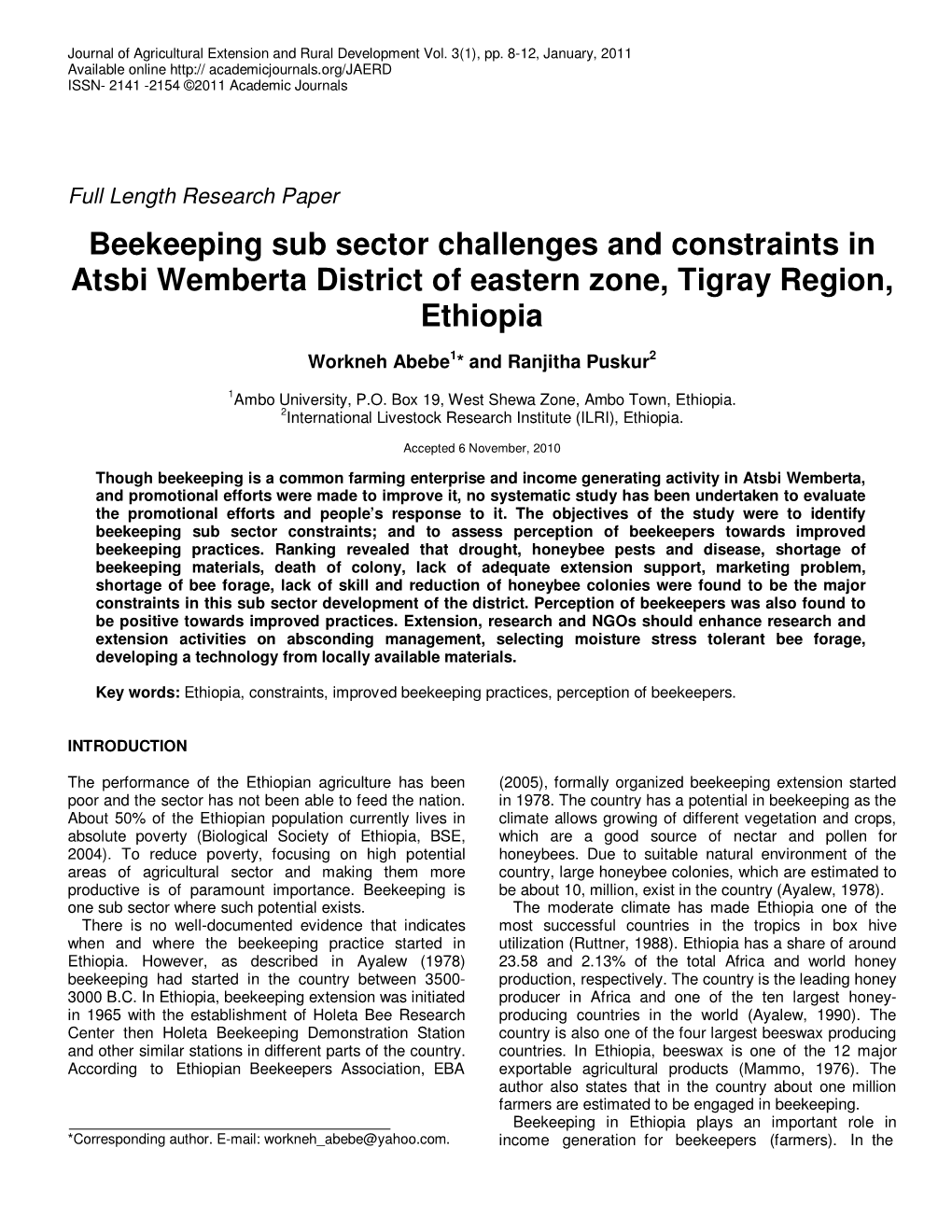 Beekeeping Sub Sector Challenges and Constraints in Atsbi Wemberta District of Eastern Zone, Tigray Region, Ethiopia