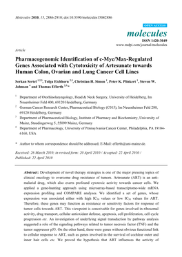 Pharmacogenomic Identification of C-Myc/Max-Regulated Genes Associated with Cytotoxicity of Artesunate Towards Human Colon, Ovarian and Lung Cancer Cell Lines