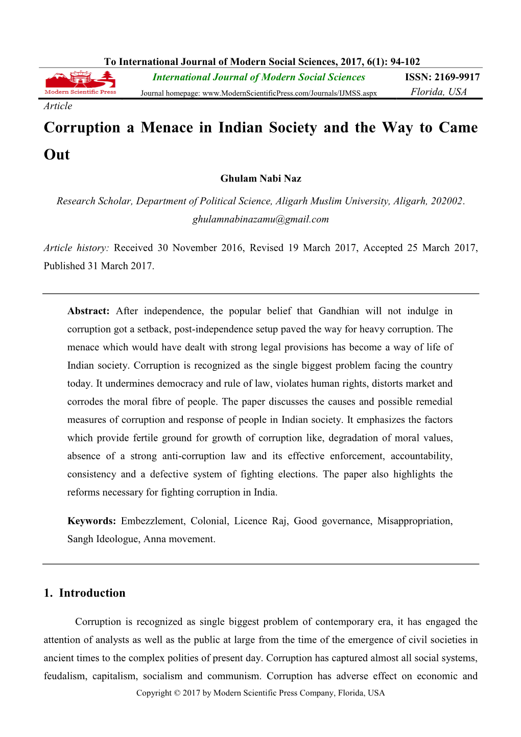 Corruption a Menace in Indian Society and the Way to Came Out