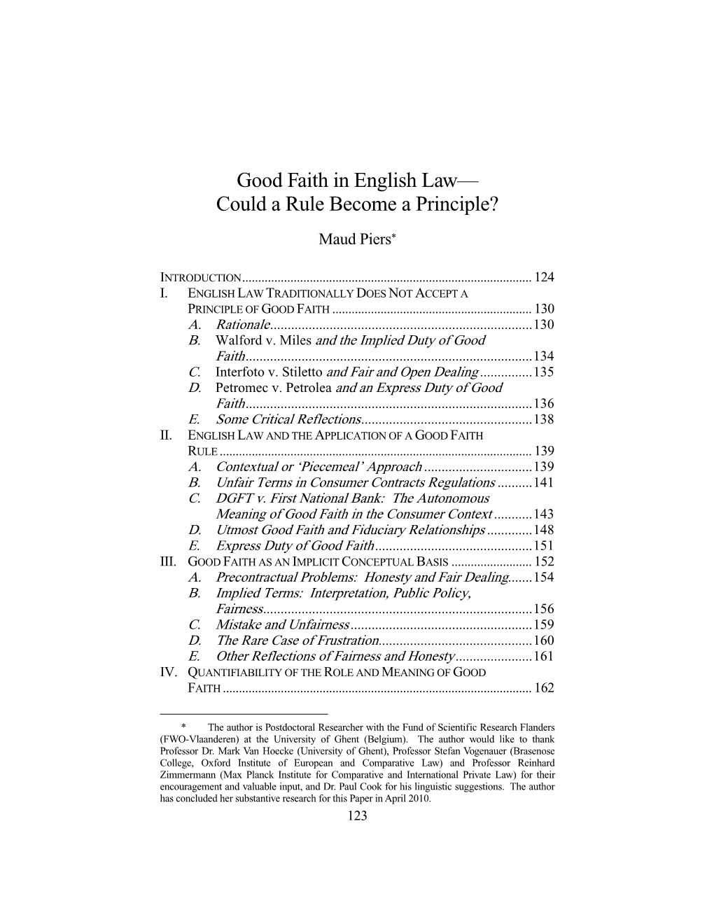 Good Faith in English Law— Could a Rule Become a Principle?
