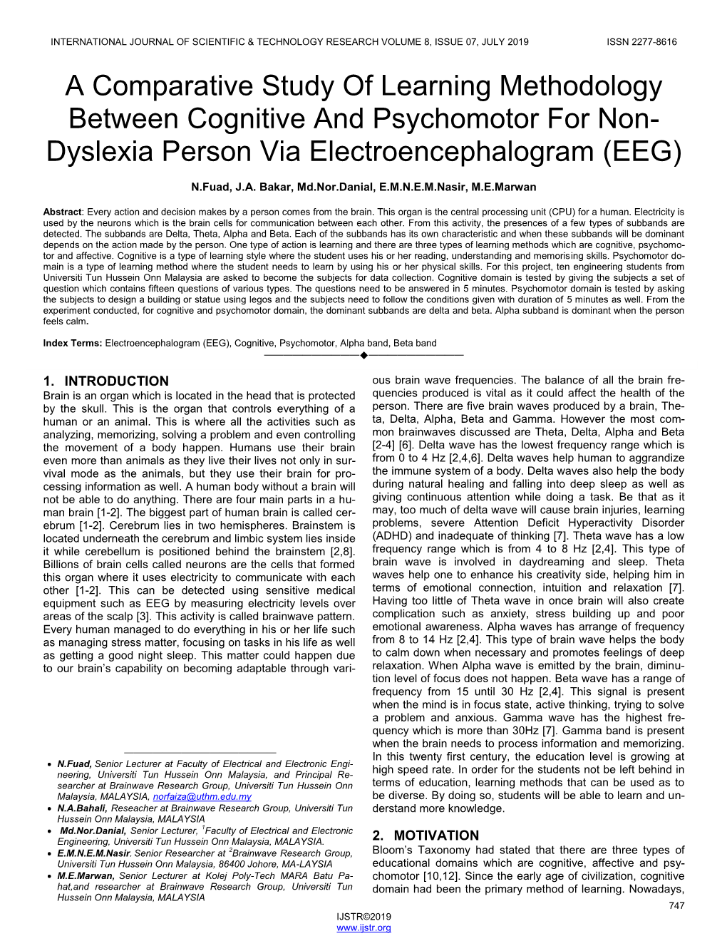 A Comparative Study of Learning Methodology Between Cognitive and Psychomotor for Non- Dyslexia Person Via Electroencephalogram (EEG)