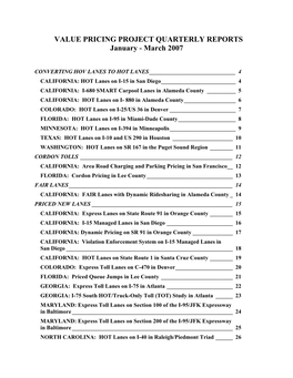 VALUE PRICING PROJECT QUARTERLY REPORTS January - March 2007