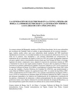 La Generación De Electricidad En La Cuenca Minera De Berga: La Hidroelectricidad Y La Generación Térmica a Lo Largo De Cien Años (1911-2011)