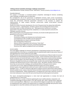 Utilizing National Competitive Advantages: Challenges and Priorities" Tatoul Manasserian, Founder, Research Center “Alternative”, Yerevan, Armenia, Tatoulm@Gmail.Com