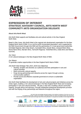 Expression of Interest Strategic Advisory Council, Arts North West Community Arts Organisation Delegate
